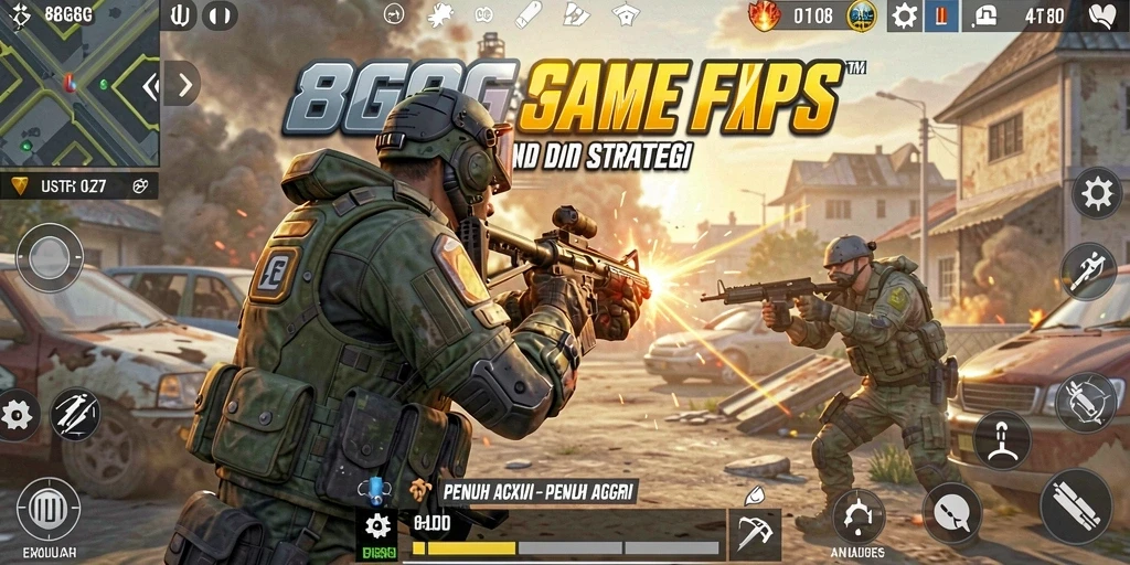 Screenshot dari gameplay 8G8G menampilkan pertarungan FPS yang mendebarkan.