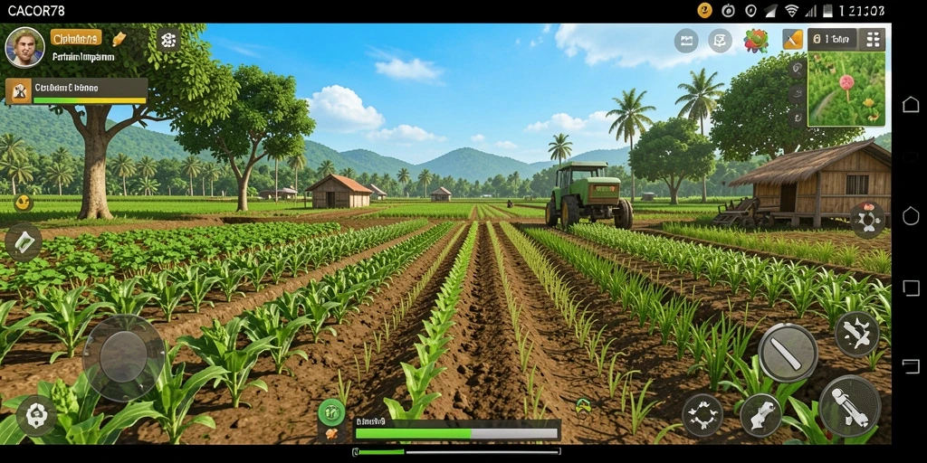 Tampilan gameplay <strong>CACOR78</strong> yang menampilkan kebun yang hijau dan subur.