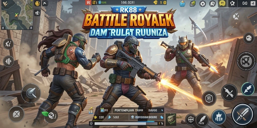 Tangkapan layar RK88 menampilkan aksi intens di medan perang Battle Royale.